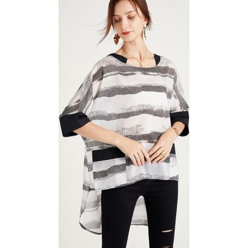 Summer 2021 Fashion Loose Women Stripe Printing Splicing Shirt Short In Front Long Asymmetrical Tencel Tops Shirt Casual Blouse