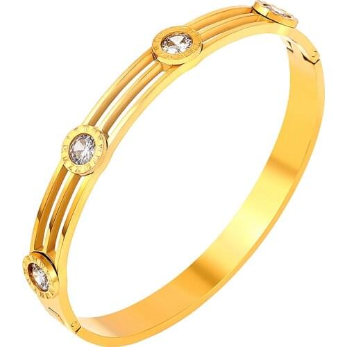 Fashion Brand Jewelry Gold Color 4 Charms Stone Bangle Roman Numeral Bracelet For Women Men Wedding Party Bracelets Jewely Gift