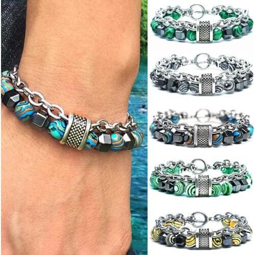 Vintage European and American Mens Stainless Steel Malachite Bracelet Beaded Hip Hop Fashion Tiger Eye Stone Beads Bracelet