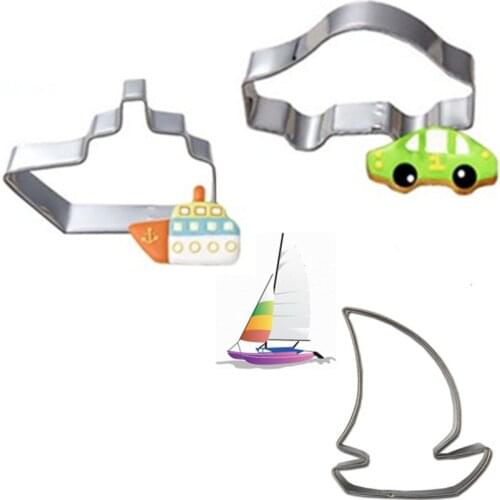 3pcs/set Stainless Stee Sailboat Steamer Warship Car Shape Cookie Biscuit Cutter Fondant Cake Decoration Baking Mold