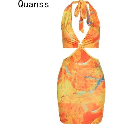 Quanss Tie Dye Print Summer Dress Halter V Neck Bodycon Club Sexy Cut Out Outfits For Women Sleeveless Backless Mini Dresses