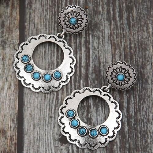 Retro Gypsy Hollow Round Flower Metal Earrings Tribal Beaded Jewelry Turquoises Stone Carved Daisy Dangle Earrings