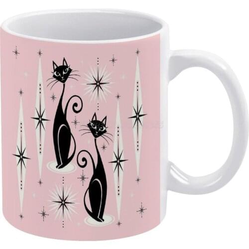 Mid Century Meow Retro Atomic Cats LG ©studioxtine White Mug 11oz Funny Ceramic Coffee Tea Milk Cups Cat Cats Retro Atomic Star