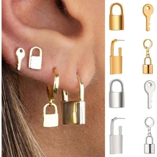Starose 4 pcs/set Key Lock Earrings for Women Gold Color Dangle Helix Piercing Tragus Cartilage Lobe Earrings Studs Ear Jewelry