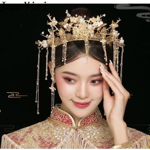 JaneVini Traditional Chinese Bride Headdress Headband Metal Long Tassel Hairpins Hairwear Forehead Hair Wedding Accessories Gold