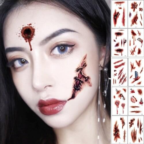 10pcs/lot Halloween Temporary Tattoo Stickers Terror Wounds Realistic Stitched Scars Body Art Men Women Fake Decal Tattoos Sets