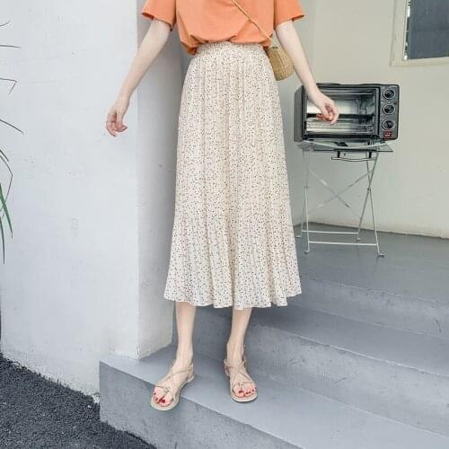 Korean Style Midi Skirts Female Dot Mid-length A-line Fairy Pleated Skirt for Young Women Pencil Skirts Straight BSQ380