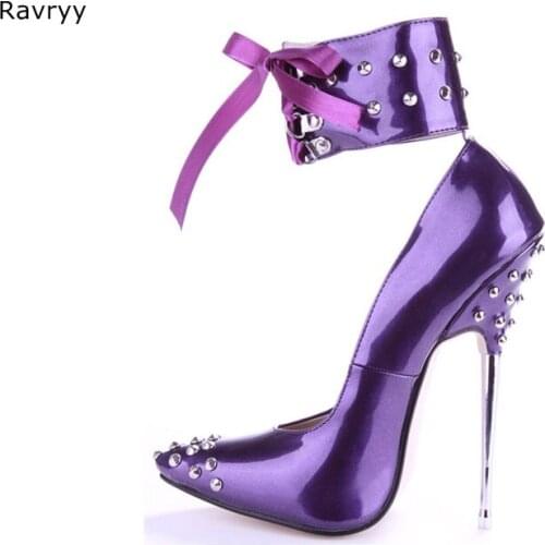 Ankle lace up Woman purple high heel Pointed Toe Sexy Pumps silver rivet decor Thin heel female stiletto club party dress shoes