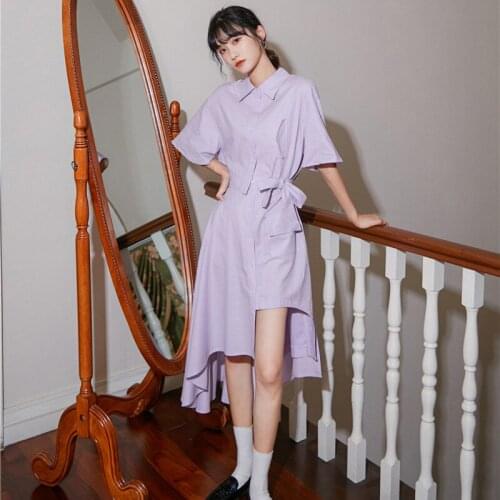 New Purple French Design Sense Shirt Dress 2020 Summer Female Gentle Wind Asymmetric Fashion Dress