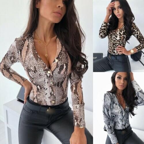 Women Long Sleeve Leopard Skin Prinetd Bodysuit Autumn Casual Jumpsuit Bodysuit Slim V Neck Leotard Tops Fashion Slim Bodysuit