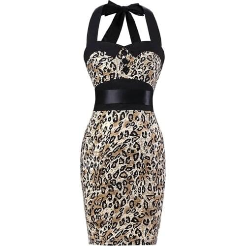 Fashion Sexy Elegant Leopard Bodycon Dress Halter Backless Print Ladies Office Dresses Vintage Casual Pencil Dress VD0250