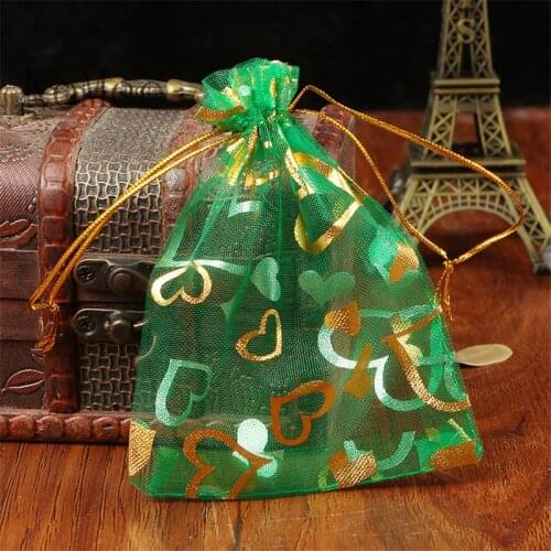 100pcs/lot Drawable Green Organza Bags 17x23cm Wedding Favors Heart Design Gift Bag Cosmetics Jewelry Packaging Bags Pouches