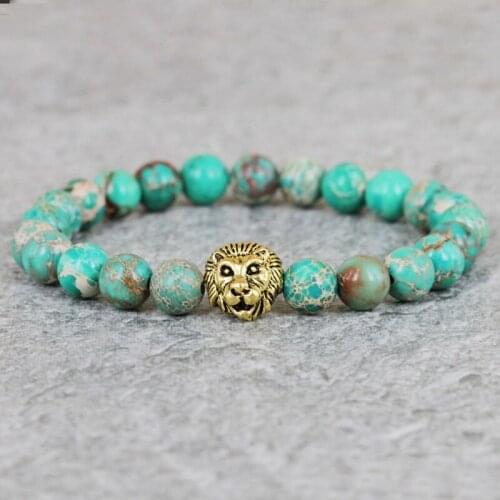 2017 Hot Sale Mens Jewelry New Design 8mm Green Sea Sediment Stone Beads Antique Color Lion Bracelets, Party Gift