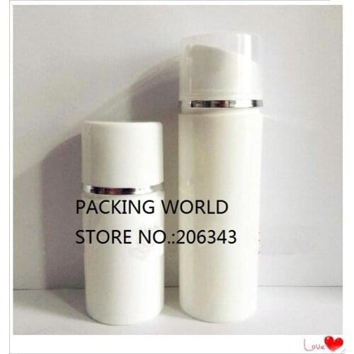 80ML white plastic airless bottle with white pump with silver line white/transparent lid Cosmetic Packaging