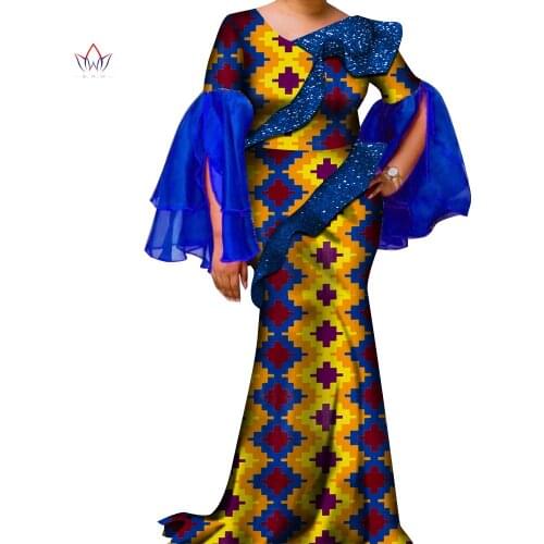 Bintarealwax African Long Dresses For Women Dashiki Blue Gauze Sleeves Ankara Clothes Bazin Riche Plus Size Party Dress WY974