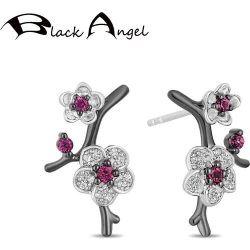 BLACK ANGEL Luxury Ruby Plum Blossom Hua Mulan 925 Silver Stud Earrings 2020 New For Women Wholesale Jewelry Gift