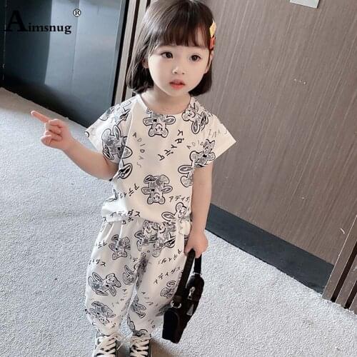 Children Two Piece Sets Baby Girls Sweet Top and Long Pants Fashion 2021 Summer Kids Leisure Cartoons Bear Print 2PS Outfits