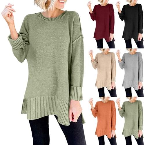Elegant Knitting Blouse Womens Autumn Soild Color Crewneck Sweater Long Sleeve Loose Pullover Vintage Knit Jumper Tunic Tops