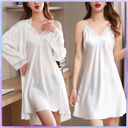 Robe Womens Night Dresse 2Pcs Set Solid Wedding Robes Gown Lace Sexy Kimono Bathrobe Nightwear Casual Nightgown Sleepwear