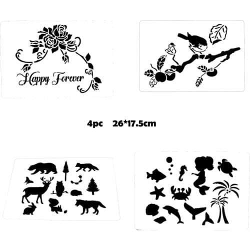 4pc Stencil Flower Bird Animal Painting Template DIY Bullet Journal Stencil Scrapbook Album Decoration Doodle Template Reusable