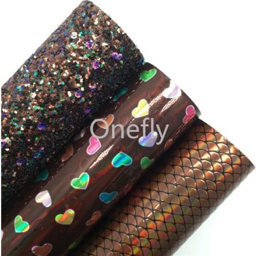 Onefly Brown Chunky Glitter Leather, Iridescent Mermaid Hearts Faux Leather Fabric Sheets For Bow DIY handbags shoes AQ015