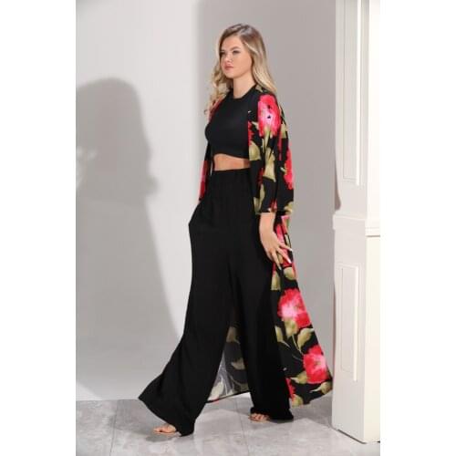 Daffic Pantsuit For Summer 2021 Wide Pant For Muslim Suite With Print Flowers Black Pants Suite
