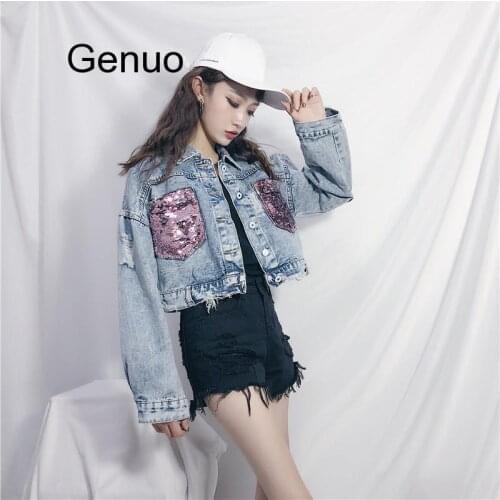 Korean Style Sequined Pocket Denim Coat Short Loose Long Sleeve Cardigan Jean Jacket Female Outwear 2020 New