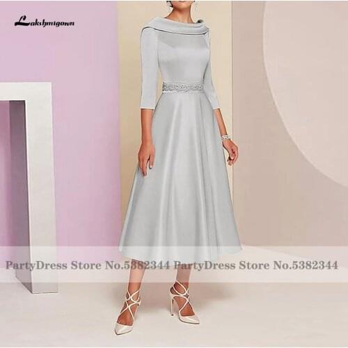 Lakshmigown Robe A-Line Mother of the Bride Dress Plus Size Vintage Bateau Neck Beaded Satin Evening Gowns with 3/4 Sleeves