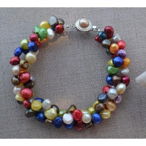 New Arriver Multicolor 6-7mm Twist 7inches Baroque Freshwater Pearl Bracelet,Flower Clasp,Wedding Birthday Girl Gift