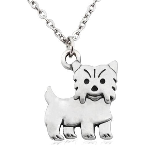 Fei Ye Paws Yorkshire Terrier Dog Charms Pendant Necklace Collar Stainless Steel Long Chain Statement Necklace For Women Girls