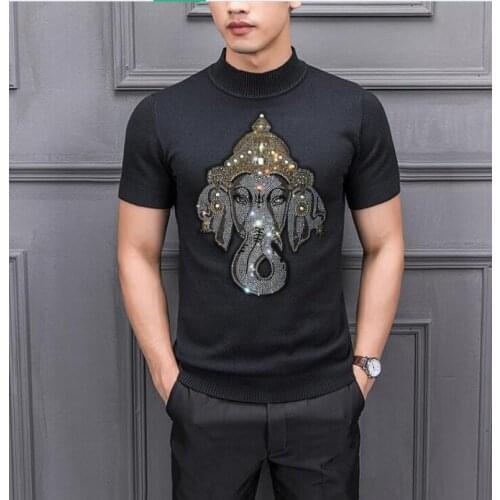 Top quality Autumn Short Sleeve Rhinestones Male Sweater Boy Loose Pullover Men Slim Thin Casual Knitwear Knitted Oversized Swea