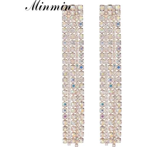 Minmin Unique Sparkling Rhinetone Long Tassel Drop Earrings Wedding Gold Silver Color Bride Dangle Earrings Party Jewelry EH1731