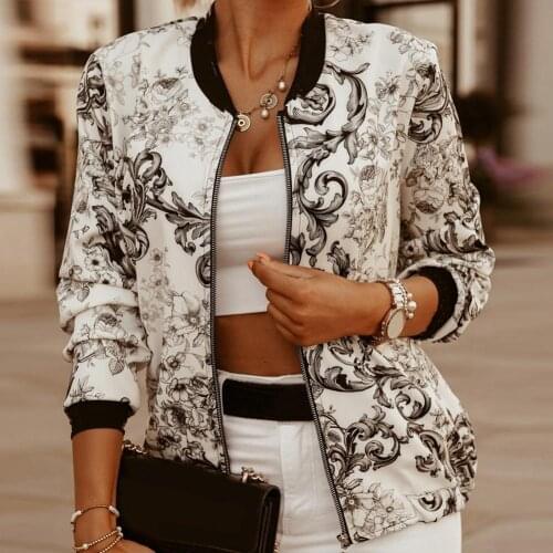 Women Stand-up Collar Front Zipper Jacket Autumn Winter Vintage Floral Slim Fits Long Sleeve Short Coat For Daily Wear