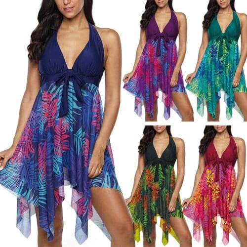 Women Leaves Print Irregular Large Hem Swimdress Briefs Swimsuit Set Takini Cheap Female Beachwear Swimming Bikini Women