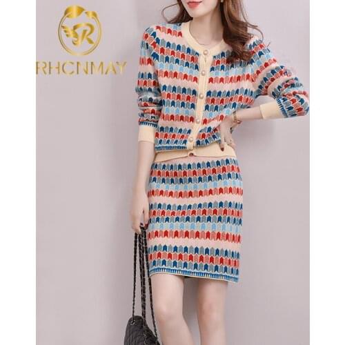 Runway Designers 2 Piece Set Plaid Knitted Sweater Set Women Summer Elegant O-neck Long Sleeve Top + Mini A Line Skirt Suit