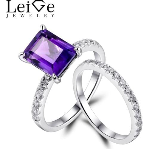 Leige Jewelry Natural Gemstone Rings Set for Women Anniversary Gift Emerald Cut Amethyst Ring Sterling Silver Fine Jewelry
