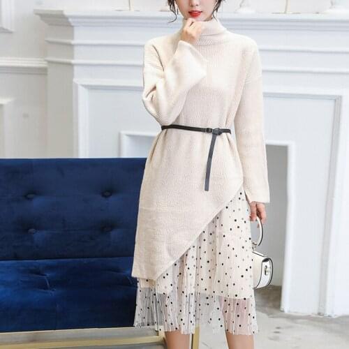 Turn-down Collar Sweater Dresses Vestidos Solid Loose Casual Knee-Length Winter Women Split Knitted Jumper Dot Knitted Dress