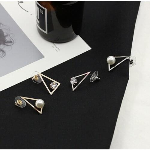 12 Pairs/ Lot Women Jewelry Asymmetry Stud Earrings Triangle Hollow Simulated pearl Ear Stud Crystal Rhinestone Accessory
