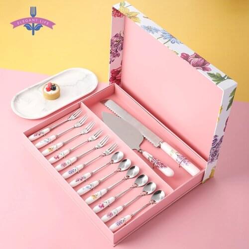 14 PCS Dessert Flatware Set Herb Garden Ceramic Stainless Steel Coffee Cake Salad Bread Saw Knife Fork and Spoon Set Gift Box