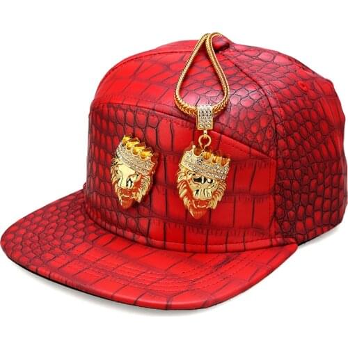 Hip Hop Crown Lion Head Logo PU Leather Baseball Cap Rap 5 Panel Metal Casual Belt Buckle Snapback Hats Men Black Red Gold