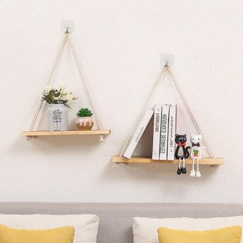 Premium Wood Swing Hanging Rope Wall Mounted Floating Shelves Plant Flower Pot Wall Hanging Shelf Wood Rope Swing Shelves