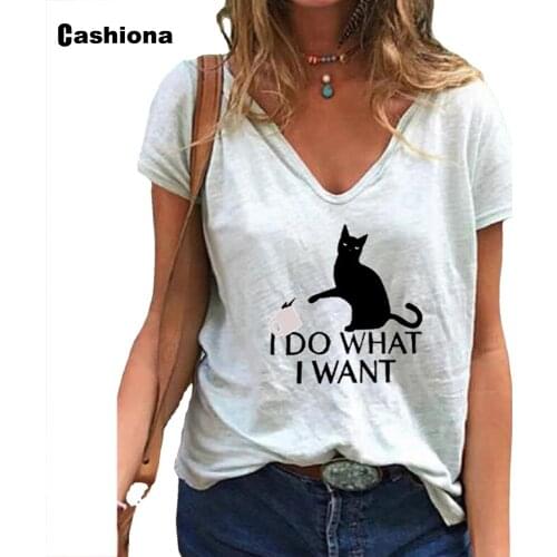 Oversized 3xl Ladies Elegant Leisure Casual T-shirt Letter Cat Print Top Loose Women Clotes 2021 Summer V-neck Tees shirt Femme