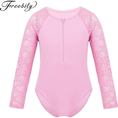 Girls Long Sleeves Floral Lace Zip-Front Closure Professional Ballet Dance Leotards Gymnastics Leotard Kids Ballerina Bodysuit