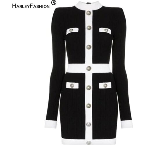 HarleyFashion Women Spring Fall Fitness Knit Sheath Black Dress Buttons Celebrity Style Casual Slim Mini Dress