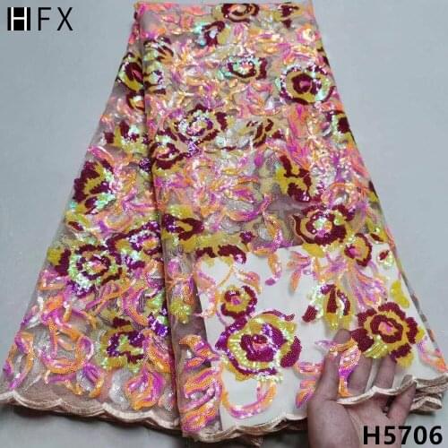 HFX New Sequin Fabric Lace For Women 2021 High Quality Embroidery Tulle French Net Lace Fabric For Nigerian Wedding Dress F5706