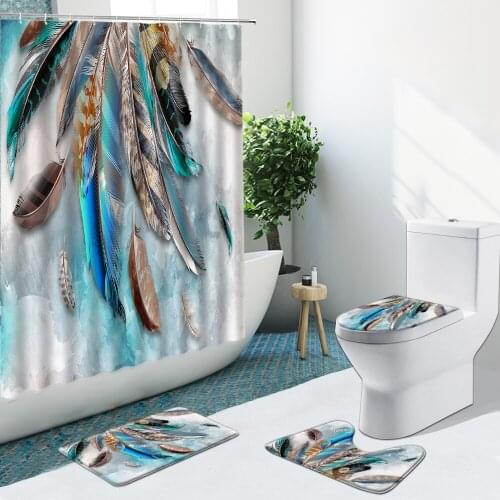 Creative Colored Feathers Shower Curtains Non-Slip Pedestal Flannel Rugs Toilet Cover Bath Mat Bathroom Set Home Decor Washable