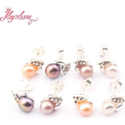 6mm Round Beads Genuine Freshwater Pearl Natural Stone Beads Leaves Silver Plated Studs Earrings Jewelry 1 Pair Free Shipping