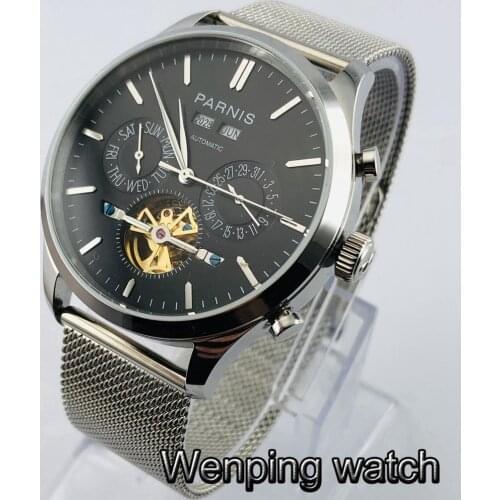 Parnis 43mm multifunction automatic mens watches silver case white dial date week year mens top watch