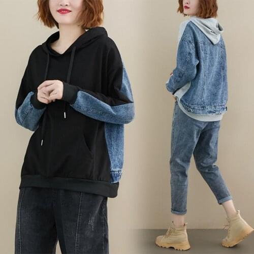 2021 Spring Autumn New Look Thin Loose Denim Stitching Tops Korean All-match Long-sleeved Hooded Women Pullover Sweatshirt