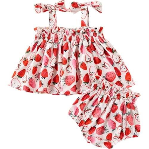 New Girl’s Summer Two Piece Set Sweet Strawberry or Flower Lace-up Suspender Top and Elastic Waist Short Pants